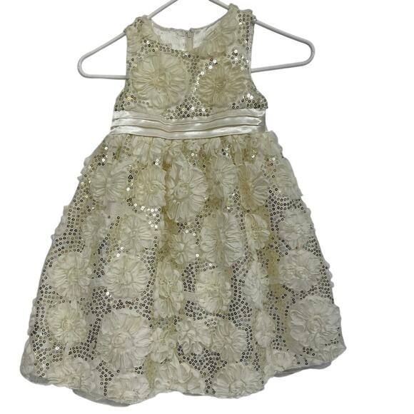 AMERICAN PRINCESS GIRL'S DRESS SIZE 3T IVORY GOLD SEQUIN RIBBON FLORAL - Picture 1 of 9